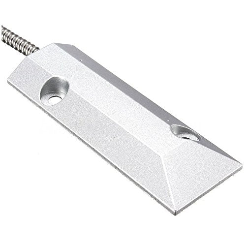 YZIF Wired Metal Door Magnetic Contact Sensor Detector - Garage Warehouse Security Magnetic Switch Alarm - a silver rectangular metal security switch with two mounting holes and an attached flexible metal conduit.
