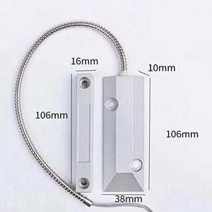 YZIF Wired Metal Door Magnetic Contact Sensor Detector - Garage Warehouse Security Magnetic Switch Alarm - two silver rectangular magnetic components connected by a metal cable with dimension labels.
