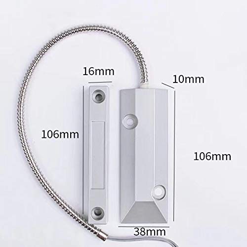 YZIF Wired Metal Door Magnetic Contact Sensor Detector - Garage Warehouse Security Magnetic Switch Alarm - two silver rectangular magnetic components connected by a metal cable with dimension labels.