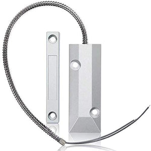 YZIF Wired Metal Door Magnetic Contact Sensor Detector - Garage Warehouse Security Magnetic Switch Alarm - a silver magnetic switch, a matching contact bar, and a flexible metal conduit cable.