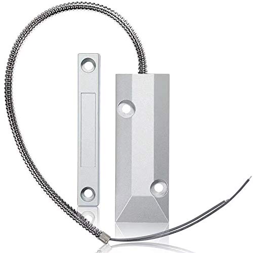 YZIF Wired Metal Door Magnetic Contact Sensor Detector - Garage Warehouse Security Magnetic Switch Alarm - a silver magnetic switch, a matching contact bar, and a flexible metal conduit cable.