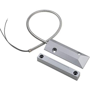 YZIF Wired Metal Door Magnetic Contact Sensor Detector - Garage Warehouse Security Magnetic Switch Alarm - a silver metal magnetic switch, a matching magnet bar, and a flexible armored cable.