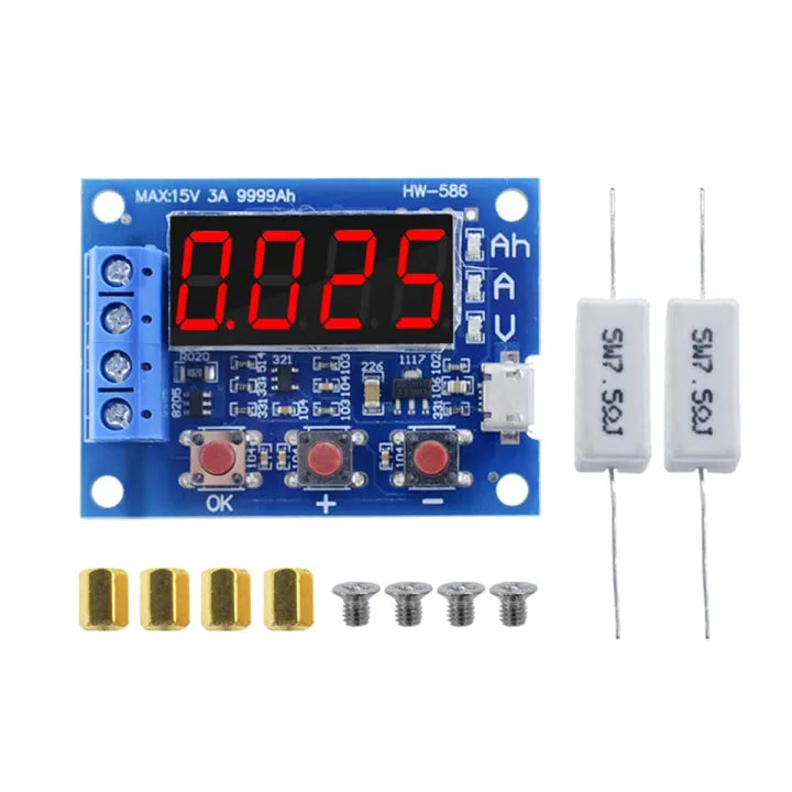 ZB2L3 / HW-586 HW586 Battery Capacity Tester External Load Discharge Type Module - with a blue PCB, red LED display showing 0.025, three buttons, a micro-USB port, two resistors, and screws.