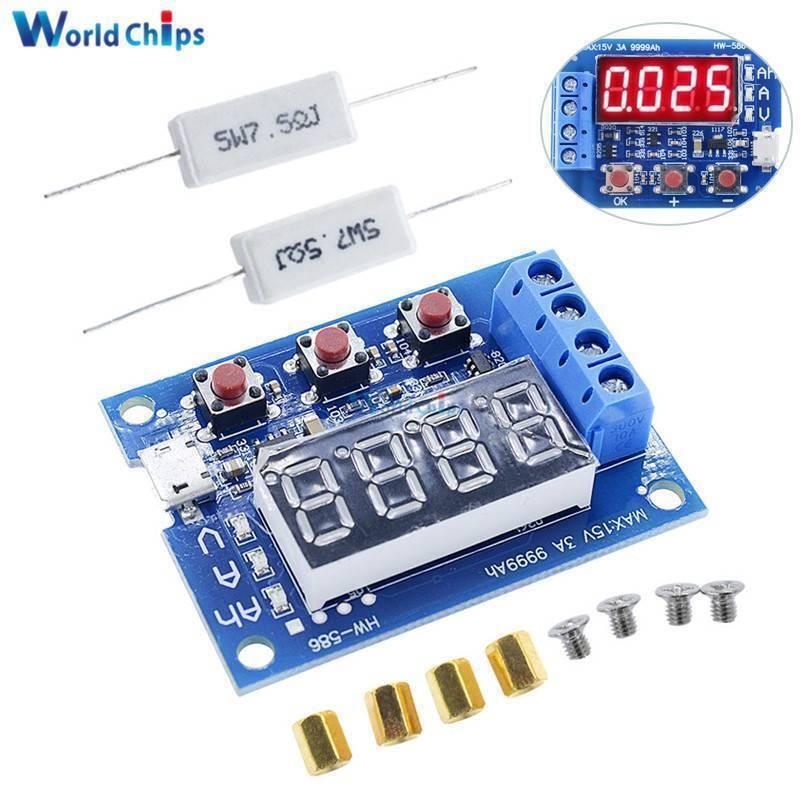 ZB2L3 / HW-586 HW586 Battery Capacity Tester External Load Discharge Type Module - with two white resistors, four screws, and four brass standoffs, plus an inset showing the active display.