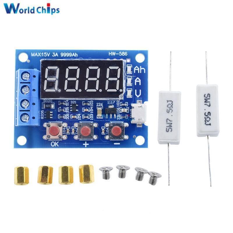 ZB2L3 / HW-586 HW586 Battery Capacity Tester External Load Discharge Type Module - with a digital display, three buttons, a blue terminal block, two white resistors, and mounting hardware.