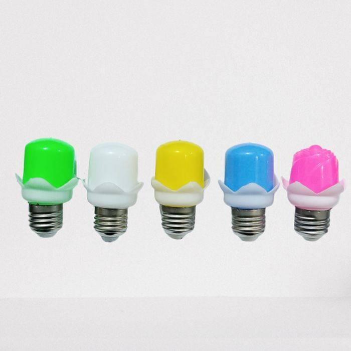 Zero Watt LED Blub Mix Colour - five individual light bulbs with green, white, yellow, blue, and pink flower-shaped covers and metal screw bases.