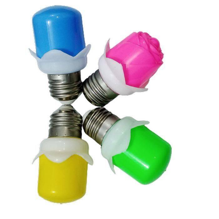 Zero Watt LED Blub Mix Colour - four individual LED bulbs with screw bases, featuring blue, pink rose-shaped, yellow, and green cylindrical covers.