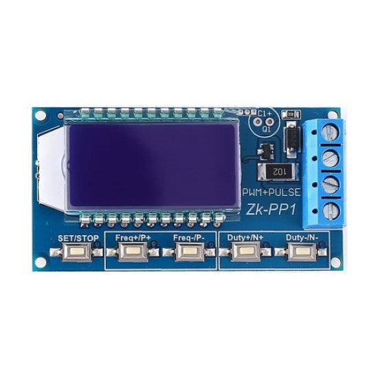 ZK-PP1 PWM Signal Generator – 1Hz to 150kHz Square Wave, Dual Mode (PWM/PULSE), LCD Display, 3.3V–30V - a blue LCD screen, a four-terminal blue screw connector, and five tactile buttons on a blue circuit board.