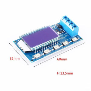 ZK-PP1 PWM Signal Generator – 1Hz to 150kHz Square Wave, Dual Mode (PWM/PULSE), LCD Display, 3.3V–30V - with a blue circuit board, an LCD screen, four push buttons, a screw terminal block, and red dimension annotations.