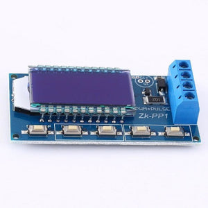 ZK-PP1 PWM Signal Generator – 1Hz to 150kHz Square Wave, Dual Mode (PWM/PULSE), LCD Display, 3.3V–30V - a blue LCD screen, five tactile push buttons, and a four-pin blue screw terminal block on a blue circuit board.