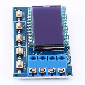 ZK-PP1 PWM Signal Generator – 1Hz to 150kHz Square Wave, Dual Mode (PWM/PULSE), LCD Display, 3.3V–30V - a blue circuit board, a dark rectangular LCD screen, four push buttons, and a four-terminal screw connector.