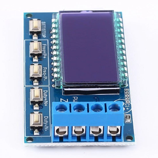 ZK-PP1 PWM Signal Generator – 1Hz to 150kHz Square Wave, Dual Mode (PWM/PULSE), LCD Display, 3.3V–30V - a blue circuit board, a dark rectangular LCD screen, four push buttons, and a four-terminal screw connector.