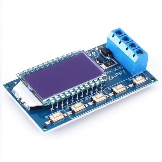ZK-PP1 PWM Signal Generator – 1Hz to 150kHz Square Wave, Dual Mode (PWM/PULSE), LCD Display, 3.3V–30V - a blue circuit board with an LCD screen, four push buttons, and a blue four-terminal screw connector block.