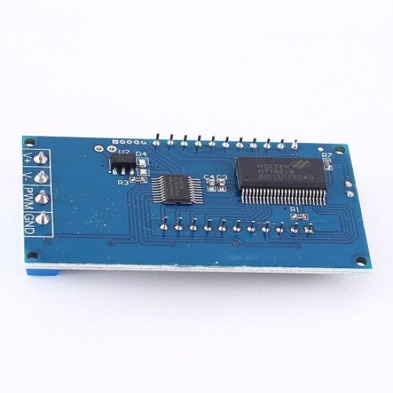 ZK-PP1 PWM Signal Generator – 1Hz to 150kHz Square Wave, Dual Mode (PWM/PULSE), LCD Display, 3.3V–30V - rear view of the blue rectangular circuit board showing the soldered components, pins, and input terminals labeled V+, V-, PWM, GND.