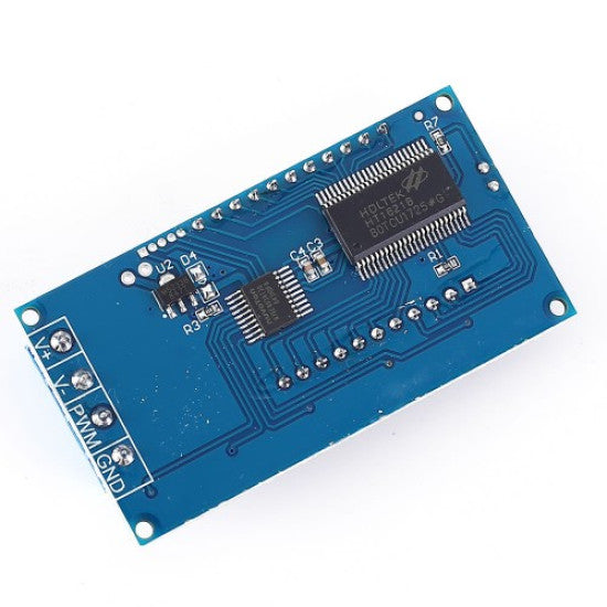 ZK-PP1 PWM Signal Generator – 1Hz to 150kHz Square Wave, Dual Mode (PWM/PULSE), LCD Display, 3.3V–30V - the blue circuit board's underside with a Holtek chip, surface-mount components, and V+, V-, PWM, and GND terminals.