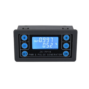 ZK-PP1K PWM Signal Generator Module – Dual Mode, 1Hz–150kHz, LCD Display, Delay, Pulse Width, Frequency & Duty Control, 3.3V–30V - a black rectangular device with a blue LCD screen showing 0.997 and 052%, featuring six buttons and a frame.