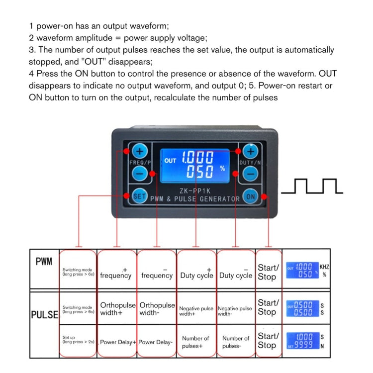 ZK-PP1K PWM Signal Generator Module – Dual Mode, 1Hz–150kHz, LCD Display, Delay, Pulse Width, Frequency & Duty Control, 3.3V–30V - a grey rectangular device with a blue LCD screen, six buttons, and a table of operating instructions below.