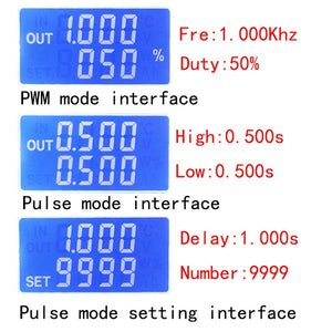ZK-PP1K PWM Signal Generator Module – Dual Mode, 1Hz–150kHz, LCD Display, Delay, Pulse Width, Frequency & Duty Control, 3.3V–30V - three blue LCD interface screens for PWM mode, Pulse mode, and Pulse mode setting with numerical values.