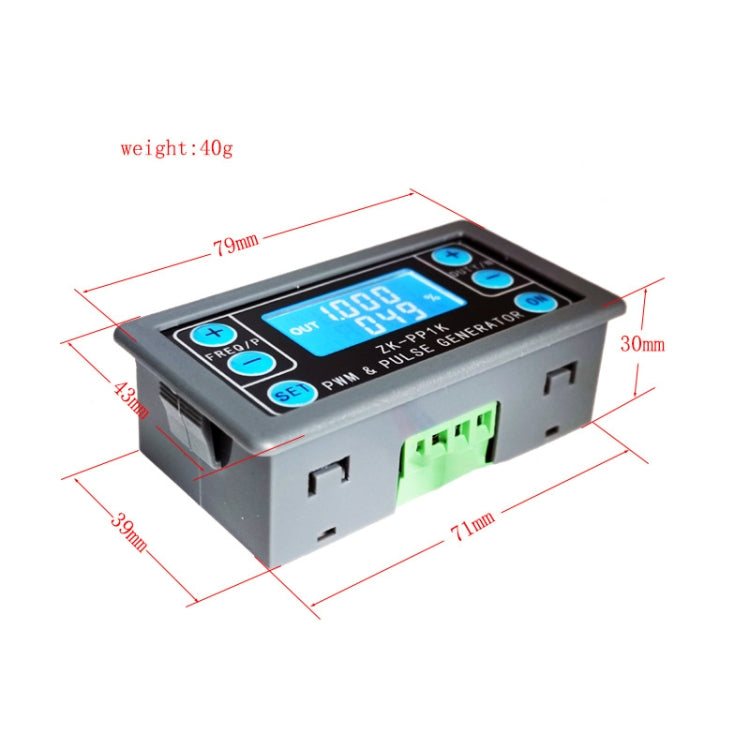 ZK-PP1K PWM Signal Generator Module – Dual Mode, 1Hz–150kHz, LCD Display, Delay, Pulse Width, Frequency & Duty Control, 3.3V–30V - shown with dimensions, featuring a grey rectangular housing, LCD screen reading 1.000 and 049, and green terminals.