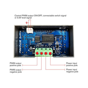 ZK-PP1K PWM Signal Generator Module – Dual Mode, 1Hz–150kHz, LCD Display, Delay, Pulse Width, Frequency & Duty Control, 3.3V–30V - rear view showing the blue circuit board, a white two-pin connector, and a green four-terminal screw block.