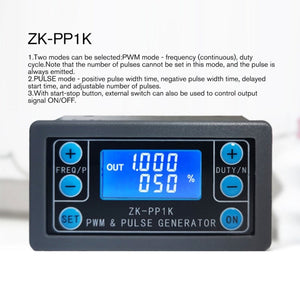 ZK-PP1K PWM Signal Generator Module – Dual Mode, 1Hz–150kHz, LCD Display, Delay, Pulse Width, Frequency & Duty Control, 3.3V–30V - a grey rectangular module with a blue LCD screen displaying 1.000 and 050%, plus six buttons labeled FREQ/P, DUTY/N, SET, and ON.