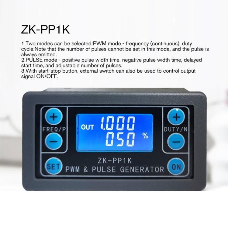 ZK-PP1K PWM Signal Generator Module – Dual Mode, 1Hz–150kHz, LCD Display, Delay, Pulse Width, Frequency & Duty Control, 3.3V–30V - a grey rectangular module with a blue LCD screen displaying 1.000 and 050%, plus six buttons labeled FREQ/P, DUTY/N, SET, and ON.