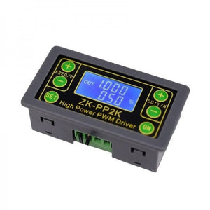 ZK-PP2K PWM DC Motor Tester – 8A Controller, Dual Mode, 5–30V DC, Adjustable Frequency & Duty Cycle - a grey rectangular controller with a blue LCD screen displaying 1.000 and 050%, plus buttons, and a bottom terminal block.