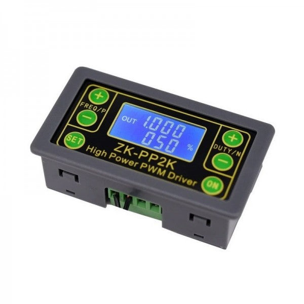 ZK-PP2K PWM DC Motor Tester – 8A Controller, Dual Mode, 5–30V DC, Adjustable Frequency & Duty Cycle - a grey rectangular controller with a blue LCD screen displaying 1.000 and 050%, plus buttons, and a bottom terminal block.