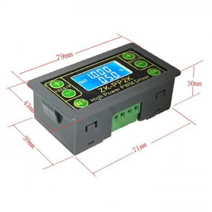 ZK-PP2K PWM DC Motor Tester – 8A Controller, Dual Mode, 5–30V DC, Adjustable Frequency & Duty Cycle - shown with dimension lines, featuring a grey rectangular housing, LCD screen reading 1.000 and 050, buttons, and ports.