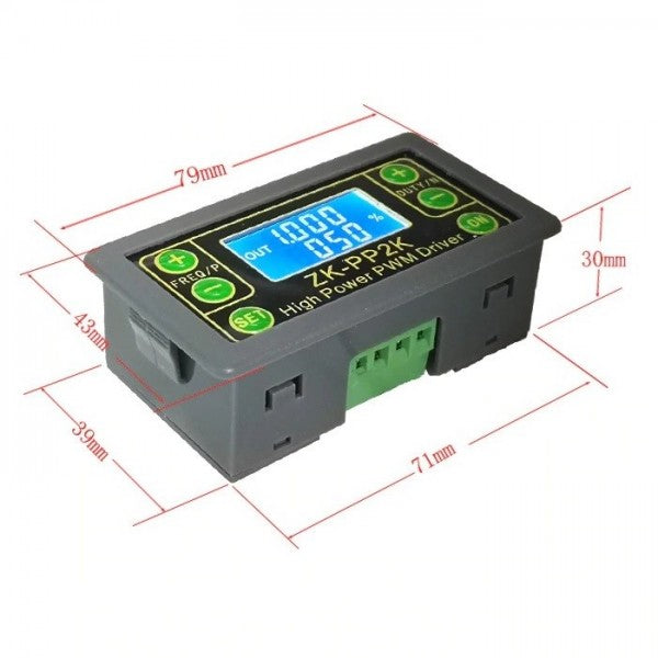 ZK-PP2K PWM DC Motor Tester – 8A Controller, Dual Mode, 5–30V DC, Adjustable Frequency & Duty Cycle - shown with dimension lines, featuring a grey rectangular housing, LCD screen reading 1.000 and 050, buttons, and ports.