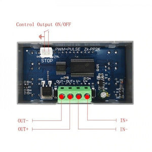 ZK-PP2K PWM DC Motor Tester – 8A Controller, Dual Mode, 5–30V DC, Adjustable Frequency & Duty Cycle - a blue circuit board with a green four-pin terminal block, a two-pin white connector, and labels for power and control ports.