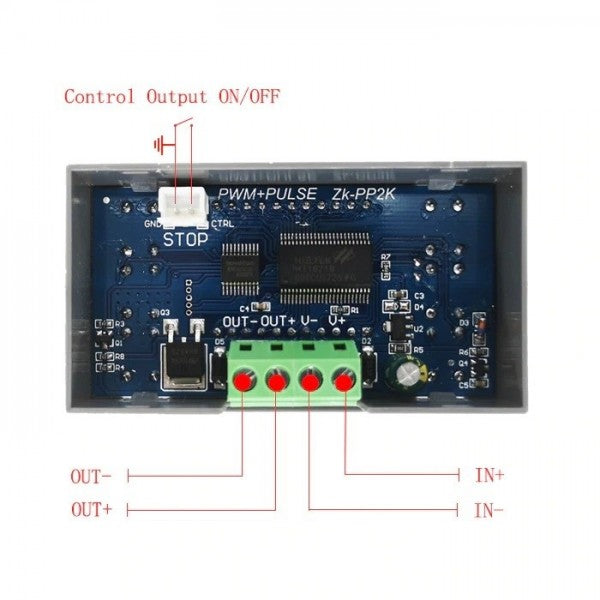 ZK-PP2K PWM DC Motor Tester – 8A Controller, Dual Mode, 5–30V DC, Adjustable Frequency & Duty Cycle - a blue circuit board with a green four-pin terminal block, a two-pin white connector, and labels for power and control ports.