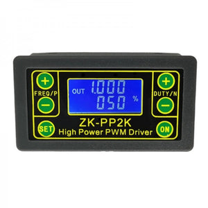ZK-PP2K PWM DC Motor Tester – 8A Controller, Dual Mode, 5–30V DC, Adjustable Frequency & Duty Cycle - ZK-PP2K High Power PWM Driver with a black rectangular casing, featuring a blue digital display showing 1.000 and 050%, plus six control buttons.