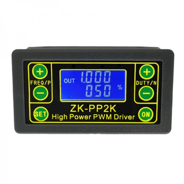 ZK-PP2K PWM DC Motor Tester – 8A Controller, Dual Mode, 5–30V DC, Adjustable Frequency & Duty Cycle - ZK-PP2K High Power PWM Driver with a black rectangular casing, featuring a blue digital display showing 1.000 and 050%, plus six control buttons.