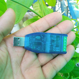 ZK-U485 Industrial Grade USB To RS485 Converter Module - a blue transparent casing, a USB connector, and a green screw terminal.