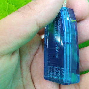 ZK-U485 Industrial Grade USB To RS485 Converter Module - the blue transparent casing with A, B, GND, and +5V terminal labels.