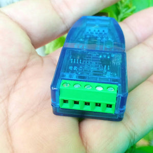 ZK-U485 Industrial Grade USB To RS485 Converter Module - shown as a close-up of the blue transparent casing with a five-pin green screw terminal block.