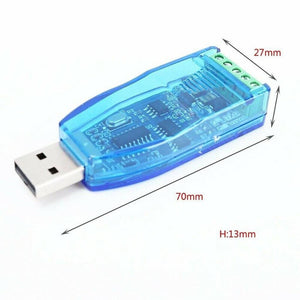 ZK-U485 Industrial Grade USB To RS485 Converter Module - shown in a blue translucent casing with a USB connector and terminal block, including dimensions.