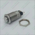 ZLQ-B5V 12mm Waterproof Metal Push ON Push OFF Button Switch With Power Indication - shown with its silver cylindrical body, a metallic nut, and two rear electrical terminals.