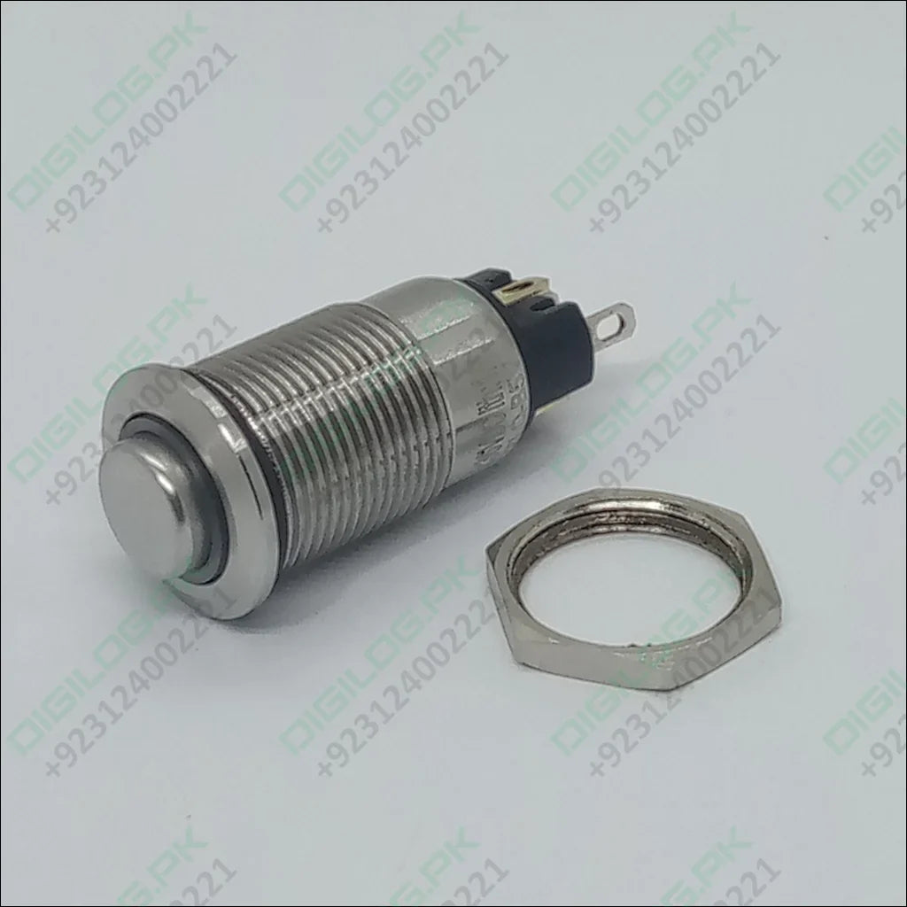 ZLQ-B5V 12mm Waterproof Metal Push ON Push OFF Button Switch With Power Indication - shown with its silver cylindrical body, a metallic nut, and two rear electrical terminals.