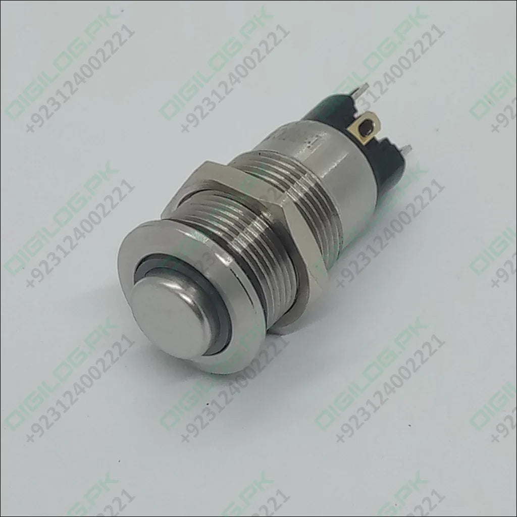 ZLQ-B5V 12mm Waterproof Metal Push ON Push OFF Button Switch With Power Indication - shown as a silver-coloured cylindrical component with a round top button and electrical terminals at the base.