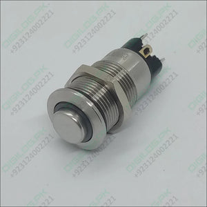 ZLQ-B5V 12mm Waterproof Metal Push ON Push OFF Button Switch With Power Indication - shown as a silver-coloured cylindrical component with a round top button and electrical terminals at the base.