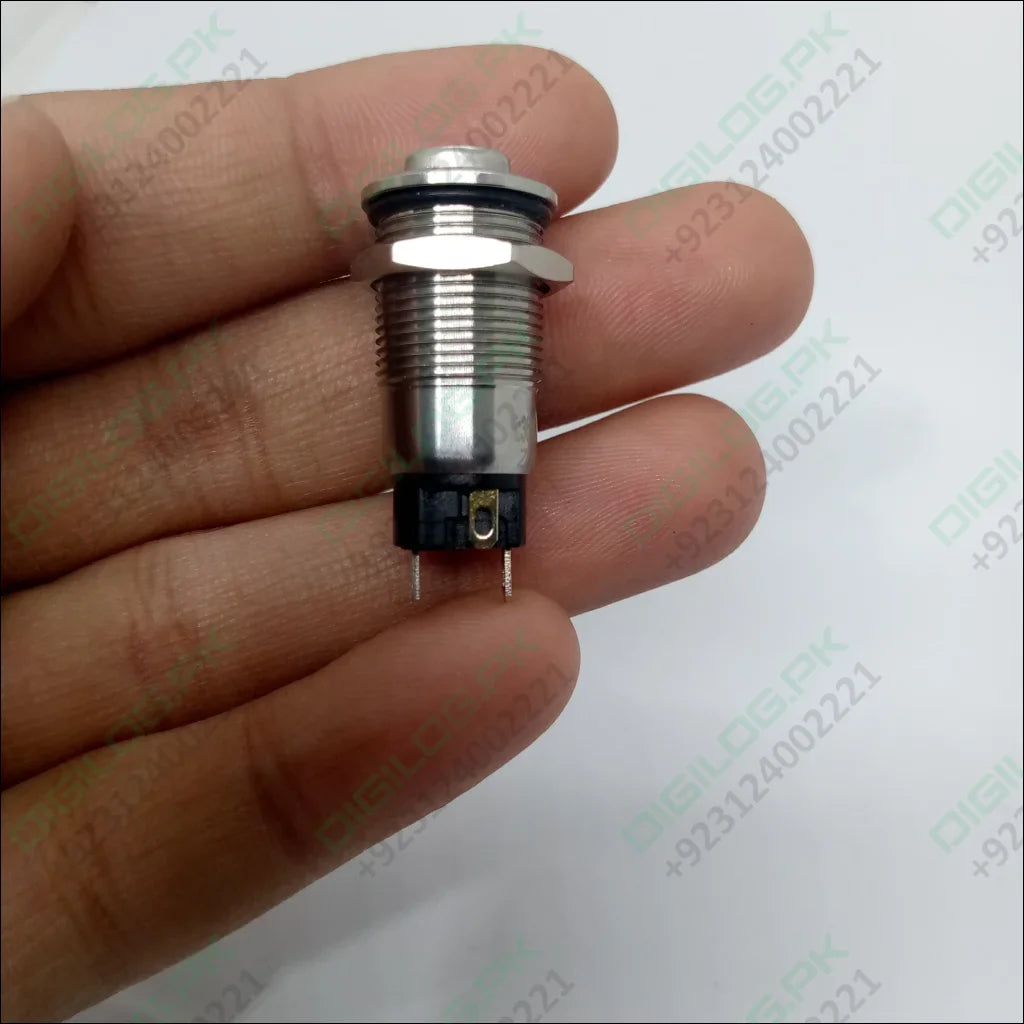 ZLQ-B5V 12mm Waterproof Metal Push ON Push OFF Button Switch With Power Indication - a silver-coloured cylindrical metal button with two metal pins at the base held in a hand.