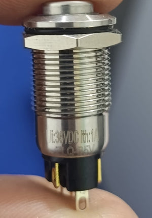 ZLQ-B5V 12mm Waterproof Metal Push ON Push OFF Button Switch With Power Indication - a close-up showing the silver metal cylindrical body, threaded shaft, and three bottom contact pins.