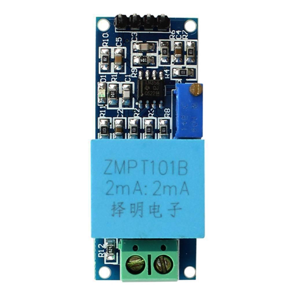 Zmpt Single Phase AC Voltage Sensor - a blue transformer, a green screw terminal, an adjustable potentiometer, and a 4-pin header.