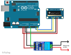 Zmpt Single Phase AC Voltage Sensor - the module connected to an Arduino Uno and an I2C OLED display showing the Adafruit logo.