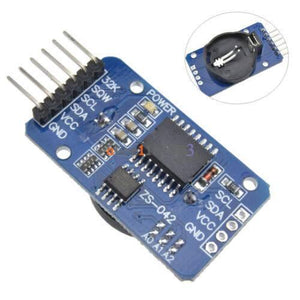 ZS 042 DS3231 Precision RTC Real Time Clock Module without cell - a blue circuit board with pin headers and an inset circular view of the battery holder.