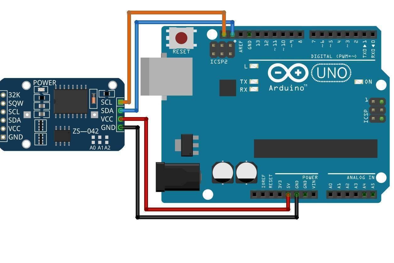 ZS 042 DS3231 Precision RTC Real Time Clock Module without cell - with orange, blue, red, and black jumper wires.