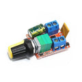 Zs-x4a 5A PWM DC Motor Speed Controller Module Light Dimmer LED Dimmer Lighting Dimmer With On/off Switch - a black rotary knob, a green potentiometer, two blue screw terminals, and a yellow capacitor.