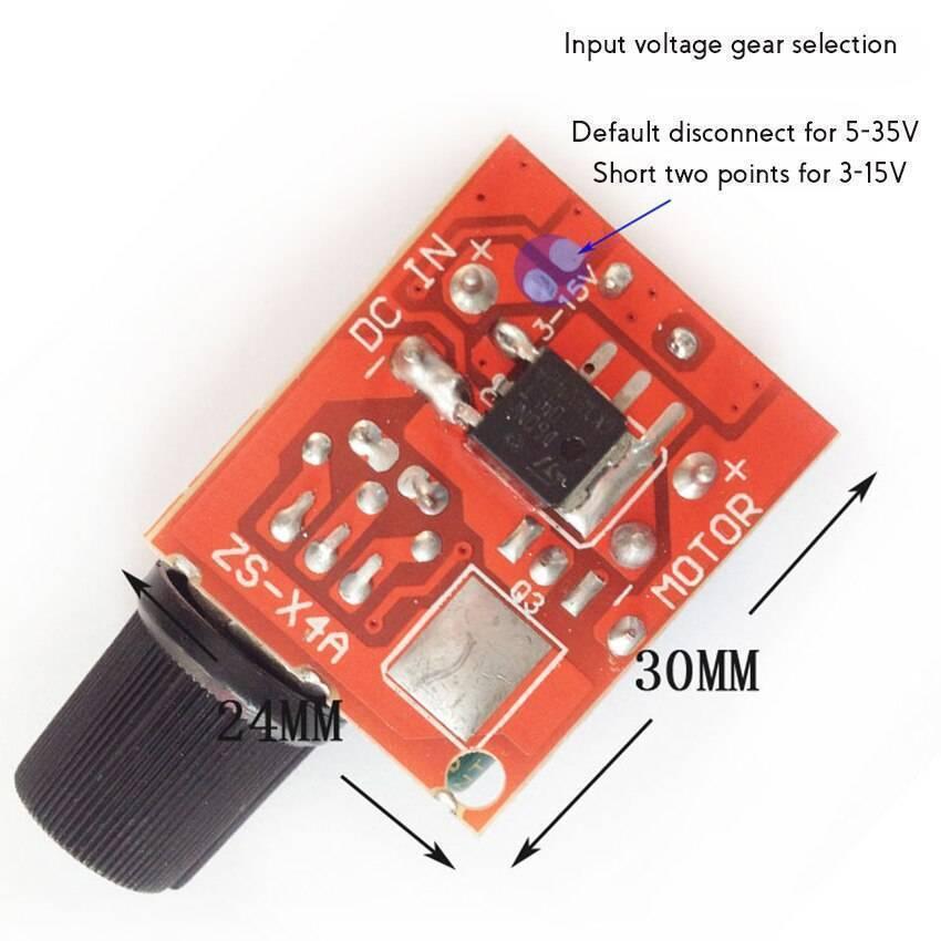 Zs-x4a 5A PWM DC Motor Speed Controller Module Light Dimmer LED Dimmer Lighting Dimmer With On/off Switch - a red circuit board with a black rotary knob, labeled input and motor terminals, and dimension markings in millimeters.